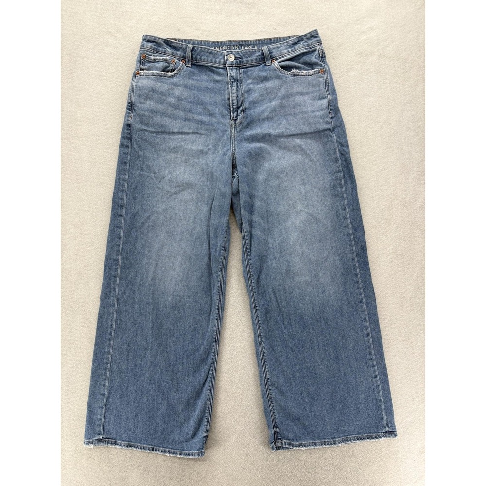 American Eagle Super High Rise Baggy Wide Leg Jeans Womens 18 Blue Medium Wash